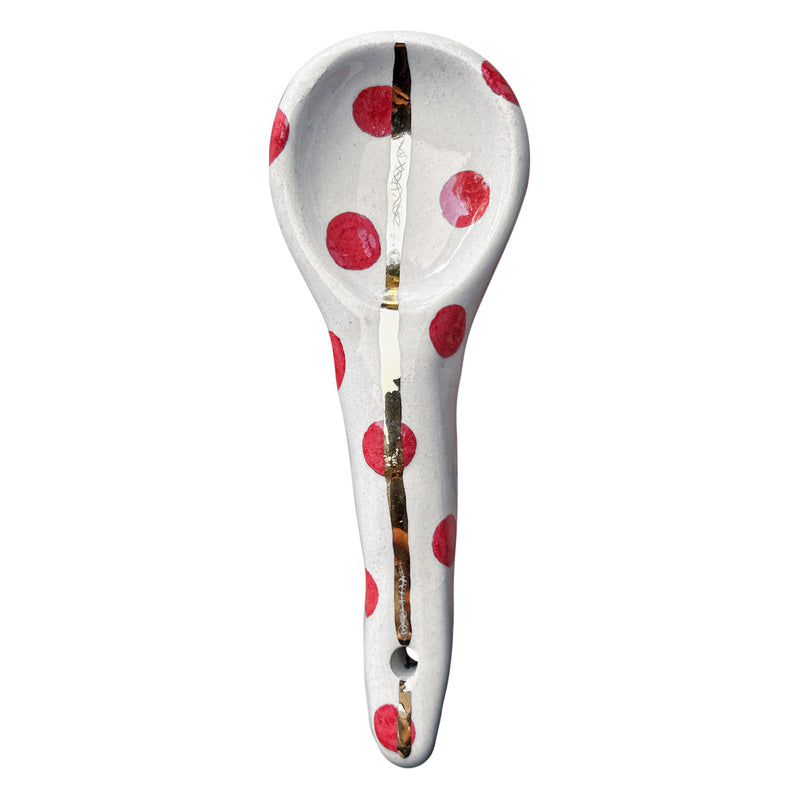 Kirmizi benekli ve altin cizgili beyaz seramik kasik_White ceramic spoon with red spots and gold line