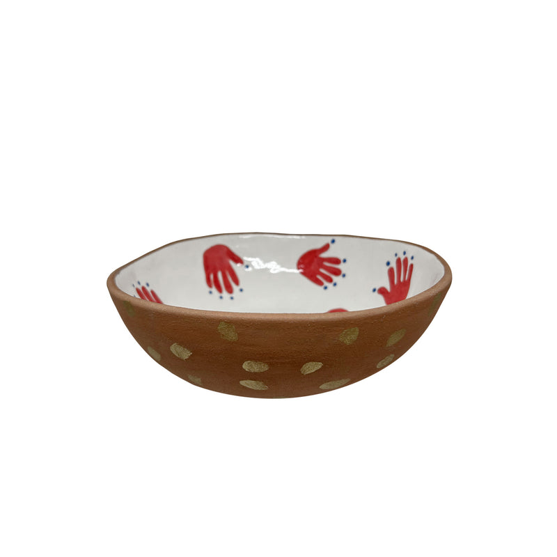 Kirmizi beyaz altin renklerde desenli kase_White bowl with red hand motifs