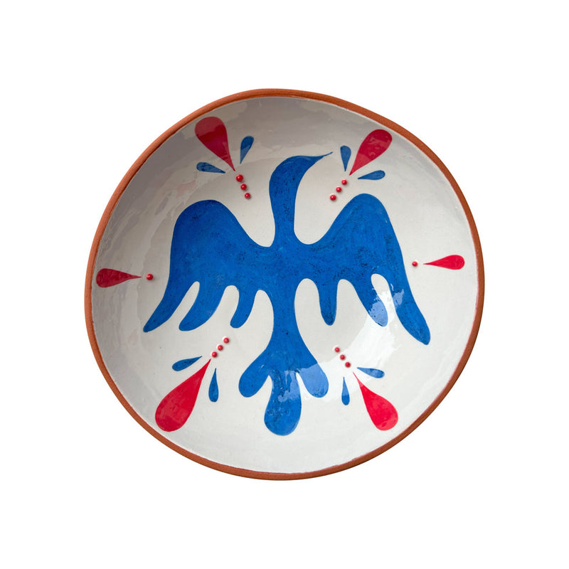 Kirmizi mavi kus desenli el yapimi seramik kase_Hand made ceramic bowl with red and blue bird pattern