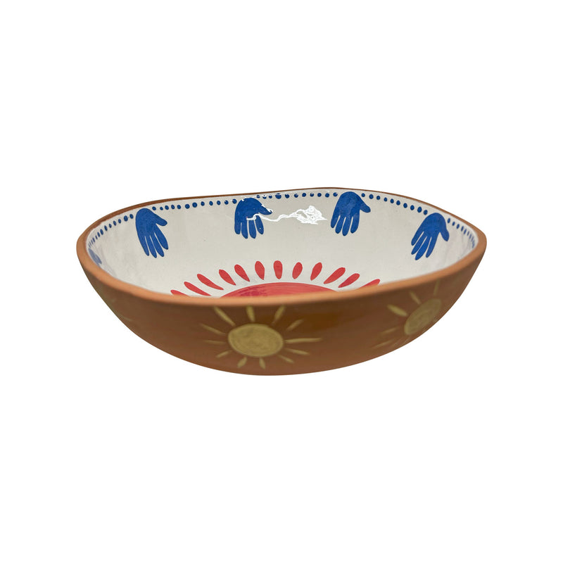 Kirmizi ve altin rengi gunes ve mavi el desenli kase_Bowl with red and gold color sun motifs and blue hand motifs