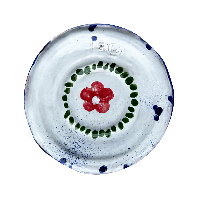 Kirmizi yesil cicek desenli el yapimi buyuk seramik tabak_Large ceramic plate with flower pattern