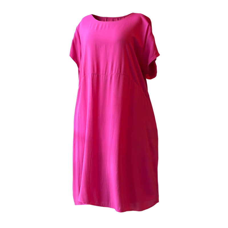 Kisa kollu cingene pembesi pamuklu kisa elbise_Short magenta cotton dress