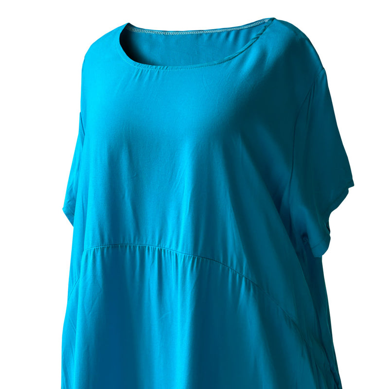 Kisa kollu yuvarlak yakali pamuklu mavi elbise_Short sleeve round neck cotton blue dress