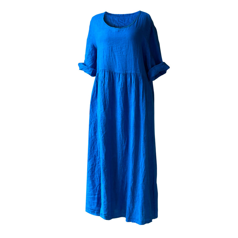 Kollari kivrik gece mavisi uzun keten elbise_Prussian blue long cotton dress with buttoned up sleeves