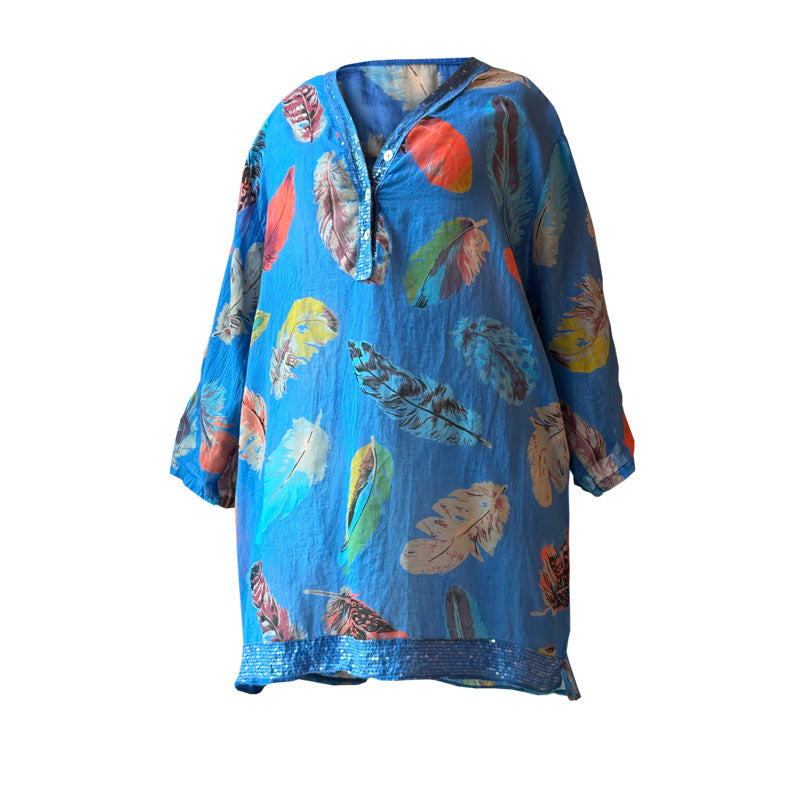 Tuy desenli yakasi ve etegi pullu mavi gomlek_Cotton blue shirt with feather pattern