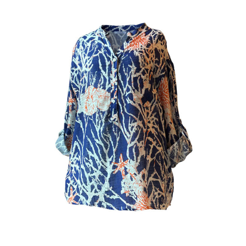 Kollari kivrilmis desenli lacivert gomlek_Coral patterned navy blue shirt with rolled up sleeves