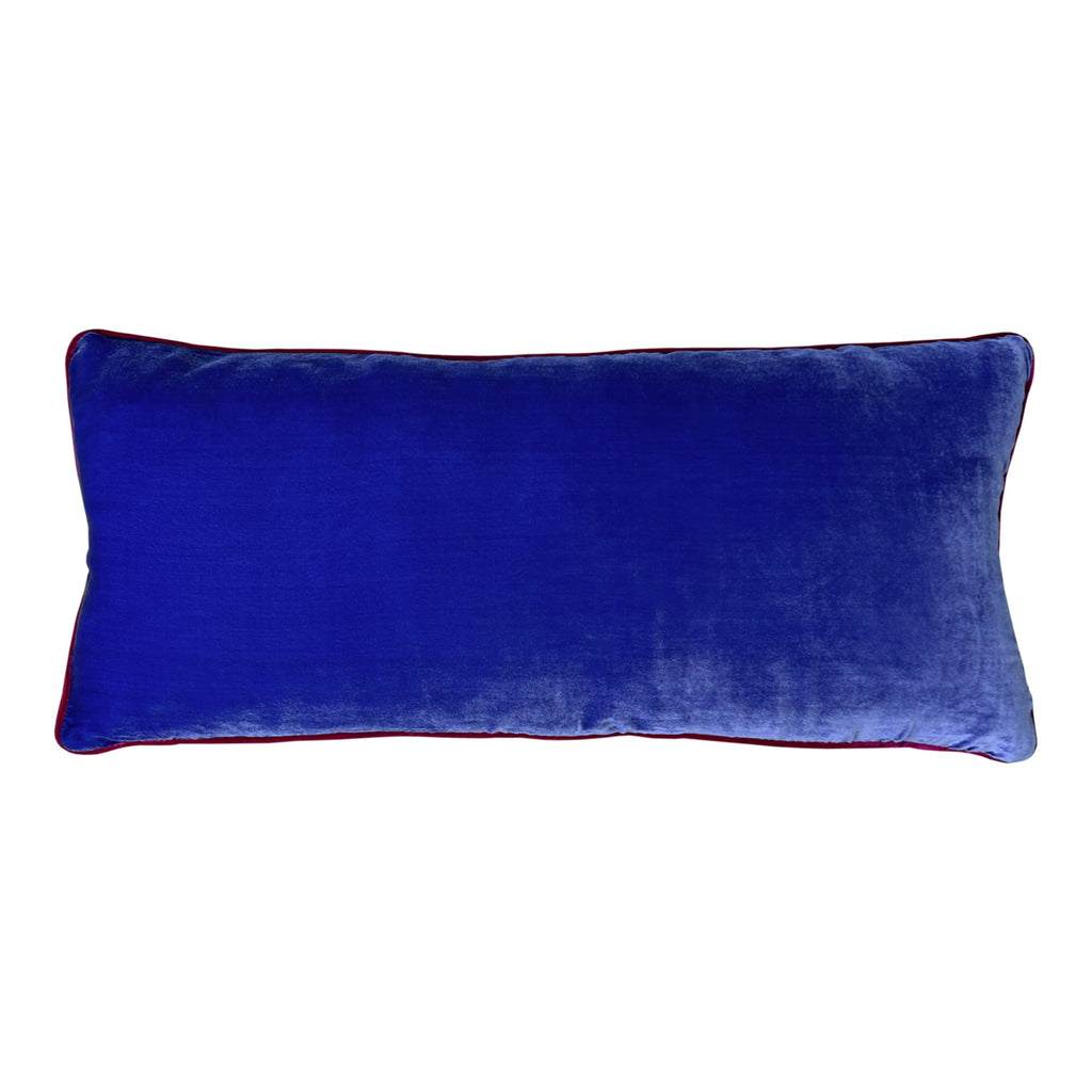 Koyu kirmizi fitilli mavi kadife uzun yastik_Long blue velvet cushion with dark red piping