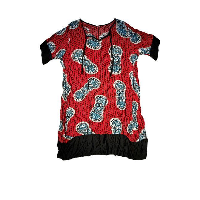 Koyu kirmizi siyah beyaz ve turkuaz renklerde desenli buyuk beden elbise_Patterned plus size dress in dark red, black, white and turquoise colors