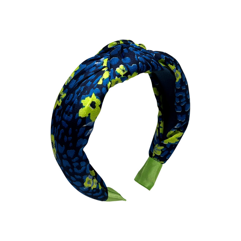 Koyu mavi ve acik yesil desenli dugumlu tac_Knotted and patterned lime green and dark blue head band
