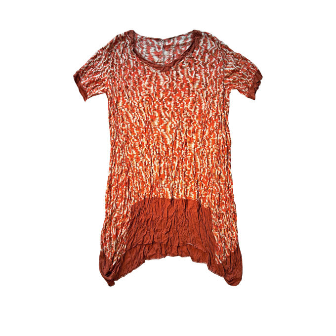 Koyu turuncu ve kahverengi karisik desenli kisa kollu bol elbise_Dark orange and brown mixed patterned short sleeve loose dress