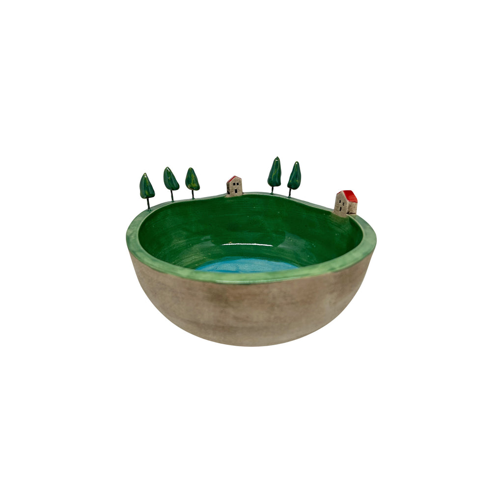 Kucuk ev ve agaclardan olusan suslemeleriyle cimen yesili seramik kase_Lawn green ceramic bowl with small trees and houses
