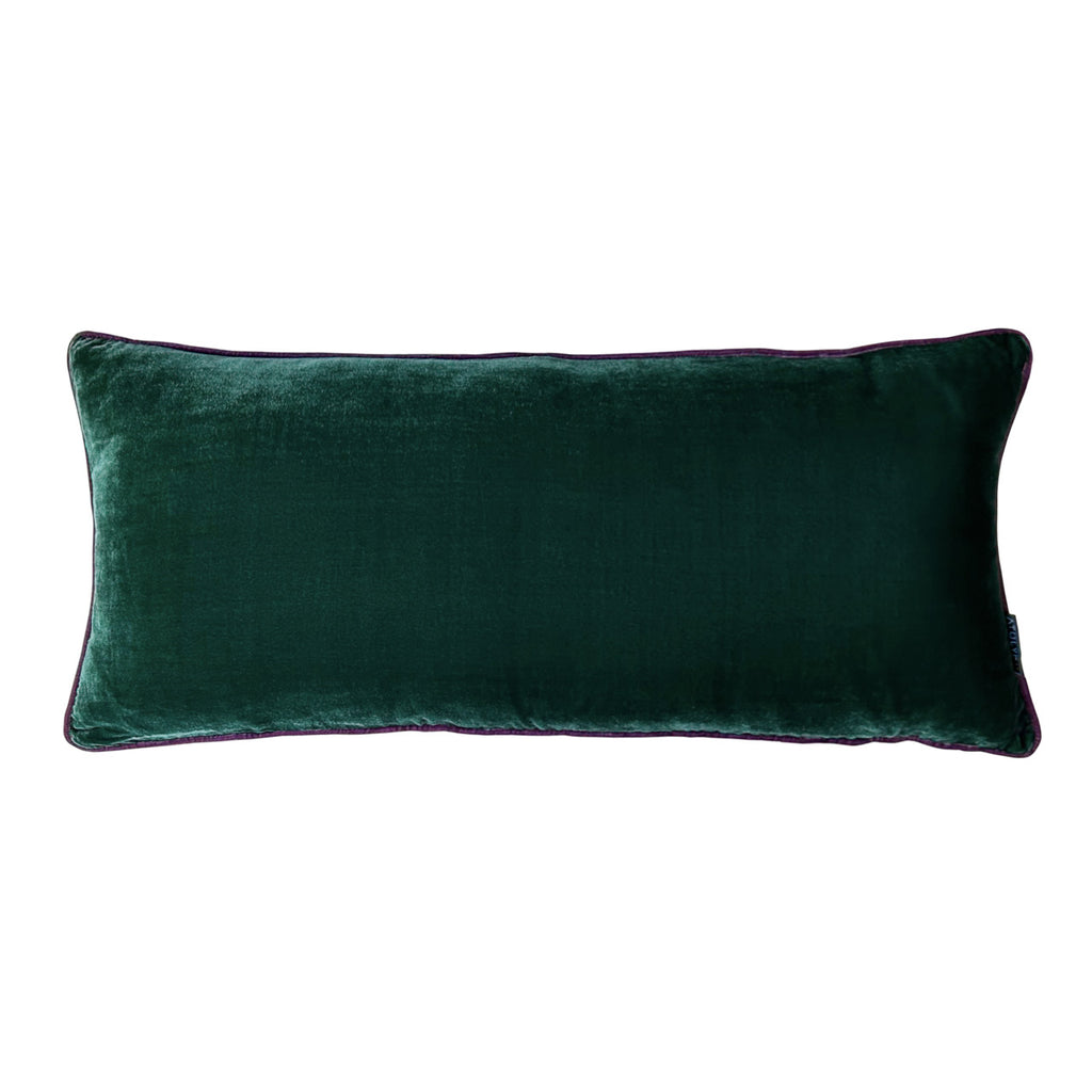 Kullu mor fitilli yesil kadife uzun yastik_Long green velvet cushion with ashy purple piping