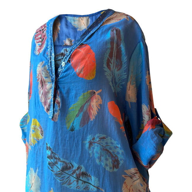 Kus tuyu desenli mavi kadin gomlegi_Feather patterned blue womens shirt