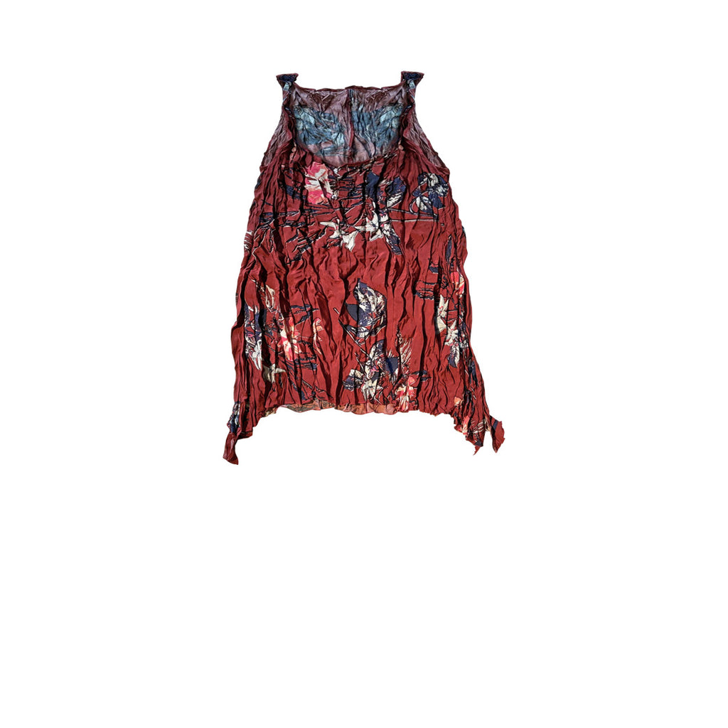 Lacivert beyaz cicek desenli askili kirisik bordo bluz_Navy blue and white flower patterned tank top crinkled burgundy blouse