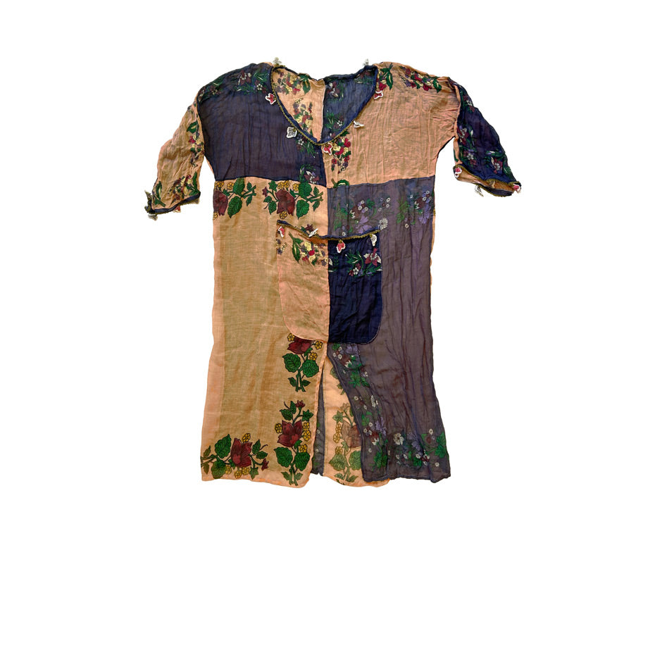 Lacivert ve acik somon renklerinde yamali yemeni elbise_Patchwork muslin dress in navy blue and salmon colors
