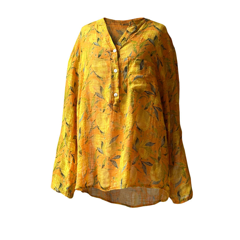 Limon desenli yakasi dugmeli turuncu gomlek_Cotton orange shirt with lemon patterns