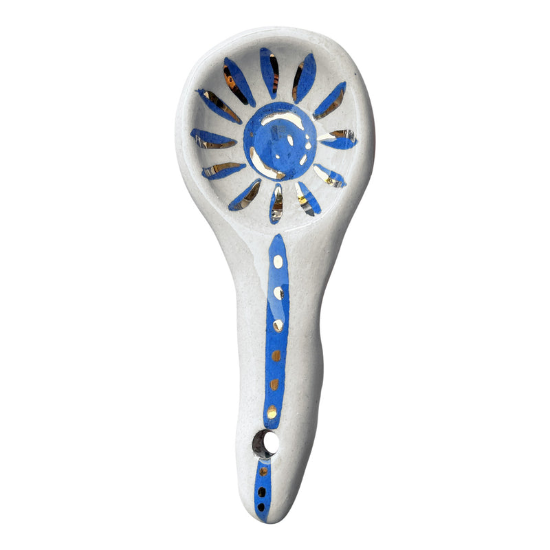 Mavi altin gunes desenli el yapimi seramik kasik_Handmade ceramic spoon with blue and gold sun pattern