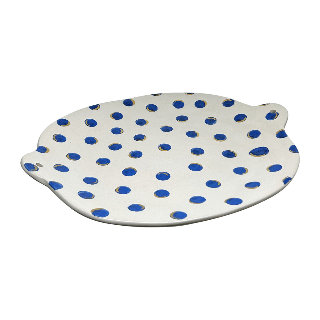 Mavi benekli beyaz yayvan servis tabagi_White oval platter with handles and blue spots