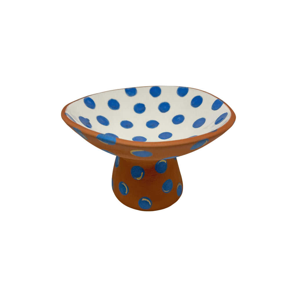 Mavi hilal ve Kokopelli desenli seramik ayakli kase_Ceramic footed bowl with blue crescent and Kokopelli patterns