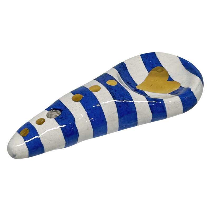 Mavi beyaz altin rengi kucuk kasik_Striped ceramic spoon with heart pattern and spots