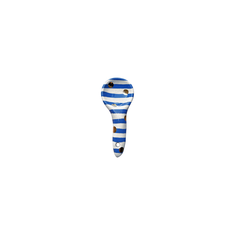 Mavi beyaz cizgiler ustune altin rengi benekli seramik kasik_Blue and white striped ceramic spoon with golden spots