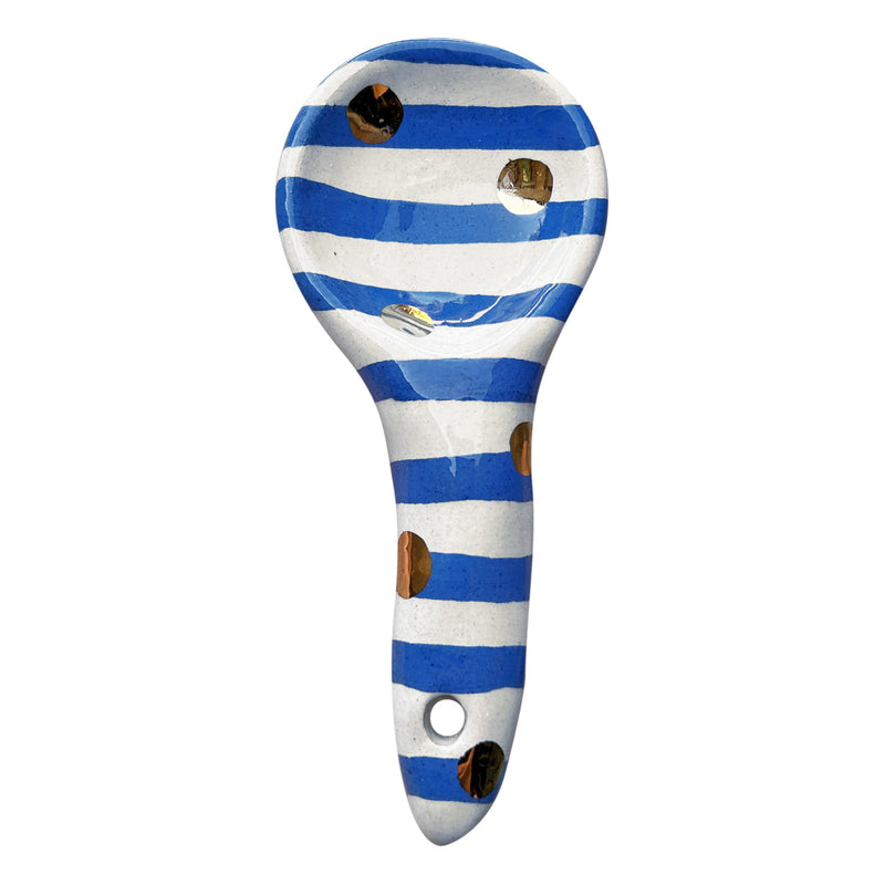 Mavi beyaz cizgiler ustune altin rengi benekli seramik kasik_Blue and white striped ceramic spoon with golden spots