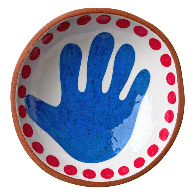 Mavi el desenli etrafi kirmizi benekli seramik kuruyemis kasesi_Ceramic nut bowl with blue hand pattern and red spots