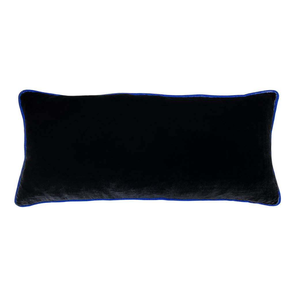 Mavi fitilli siyah uzun ipek kadife yastik_Long black silk velvet cushion with blue piping