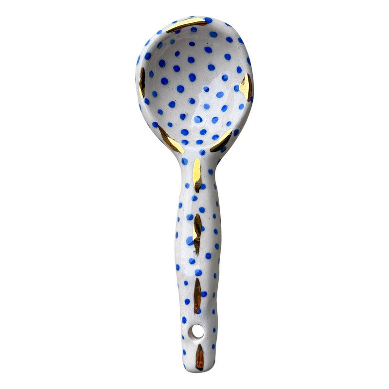 Mavi noktali ve altin rengi cizgili seramik kasik_Ceramic spoon with blue dots and golden lines