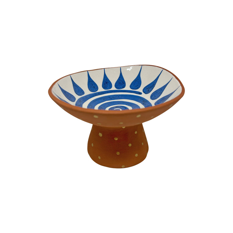 Mavi spiralli cicek desenli seramik ayakli kase_Ceramic footed bowl with blue flower pattern with spiral