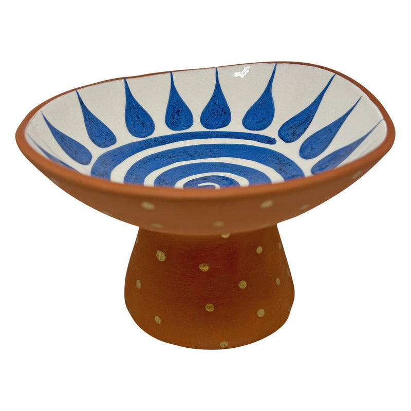 Mavi spiralli cicek desenli seramik ayakli kase_Ceramic footed bowl with blue flower pattern with spiral