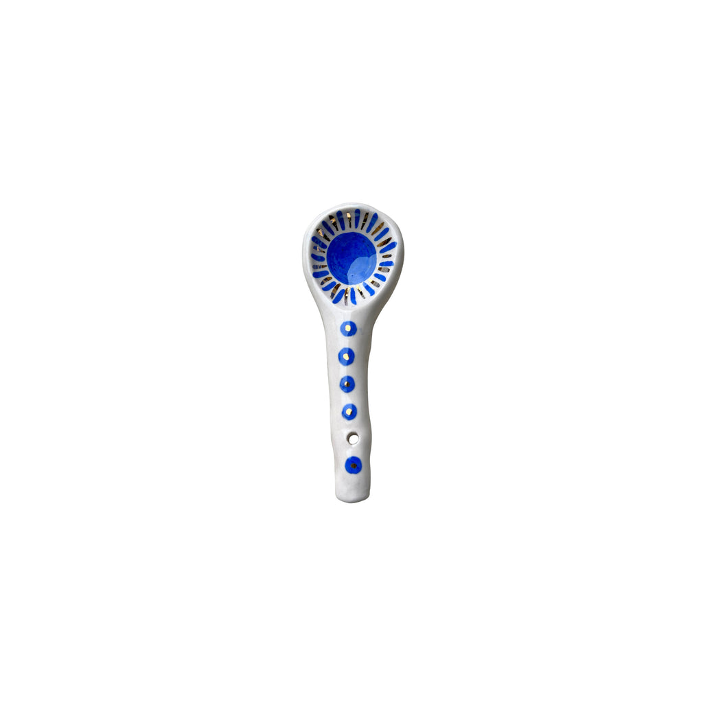 Mavi ve altin rengi gunes desenli ve benekli seramik kasik_Ceramic spoon with blue sun motif and dots