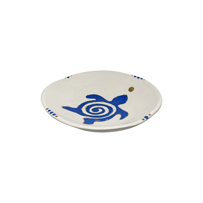 Mavi ve altin rengi kaplumbaga desenli beyaz tabak_White plate with blue and golden colored turtle pattern