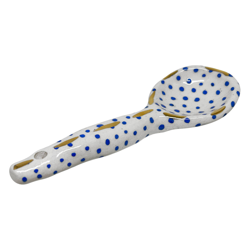 Mavi ve altin rengi noktali ve cizgili seramik kasik_Ceramic spoon with blue and golden color patterns
