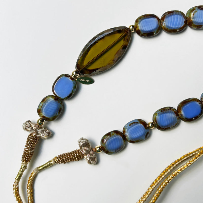 Mavi ve haki yesil boncuklu ayarlanabilir el yapimi kolye_Hand crafted necklace with blue and khaki green beads