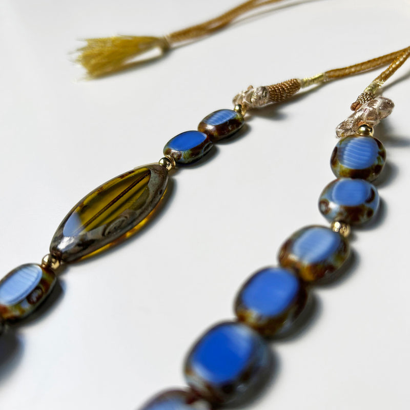 Mavi ve haki yesil boncuklu ayarlanabilir el yapimi kolye_Hand crafted necklace with blue and khaki green beads