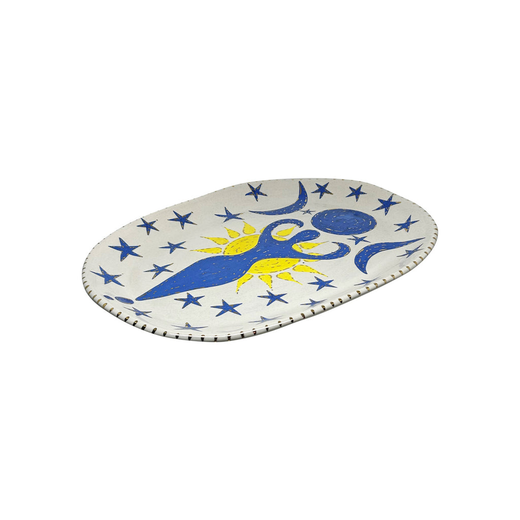 Mavi ve sari mistik desenli beyaz oval servis tabagi_White oval platter with mystical patterns