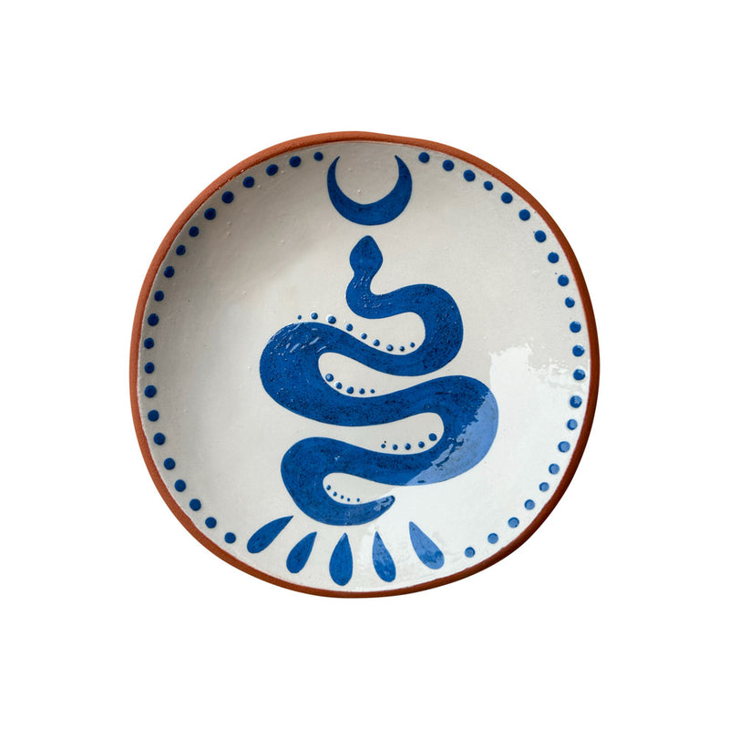 Mavi yilan ve hilal desenli seramik tabak_Ceramic plate with blue snake and crescent pattern