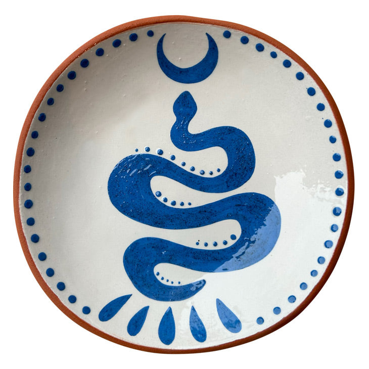 Mavi yilan ve hilal desenli seramik tabak_Ceramic plate with blue snake and crescent pattern