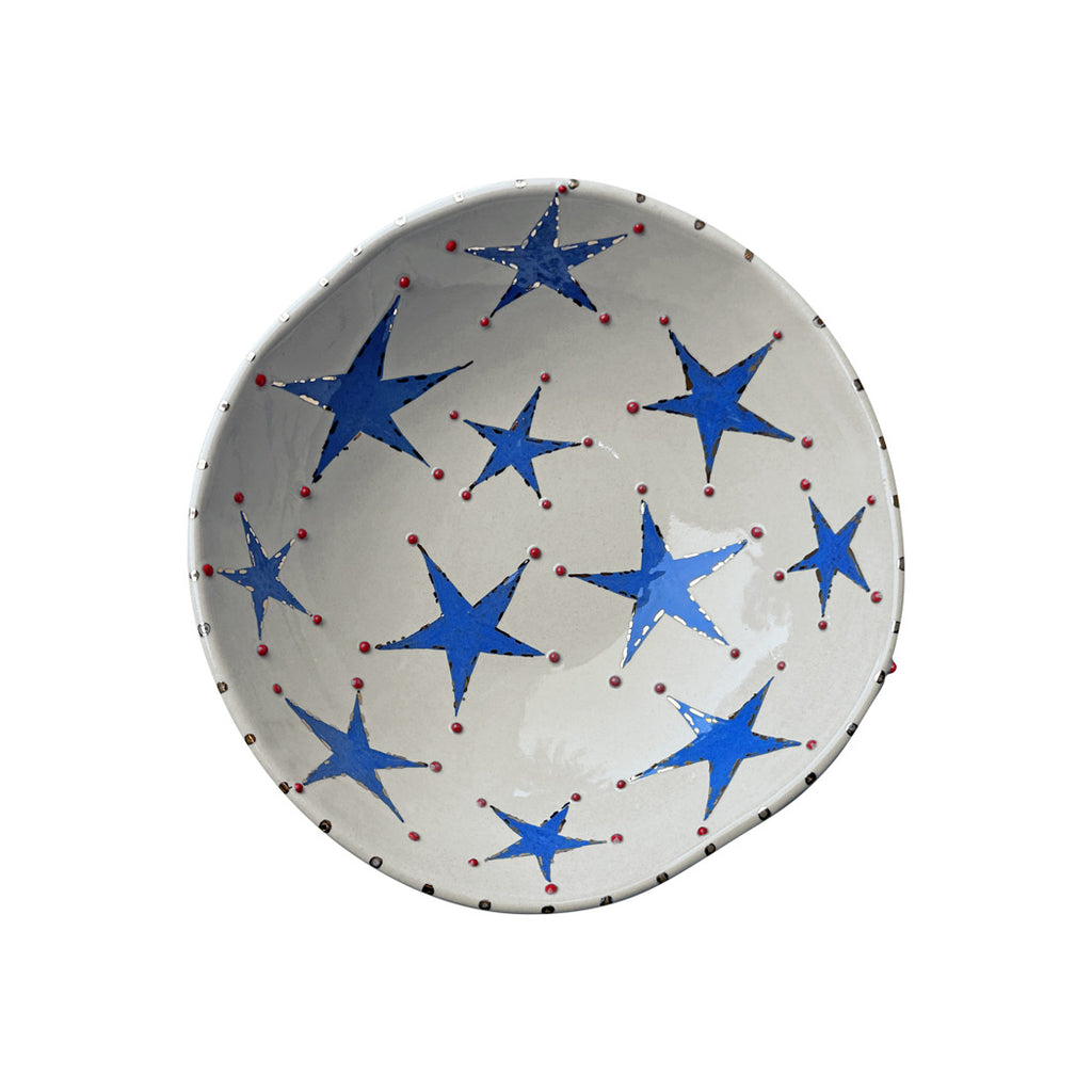 Mavi yildizli kabartmali kirmizi benekli beyaz kase_White bowl with blue stars and embossed red dots