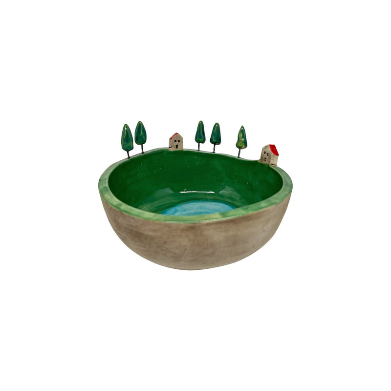 Minik selvi agaclari ve koy evleri ile suslenmis seramik kase_Ceramic bowl decorated with tiny houses and cypress trees
