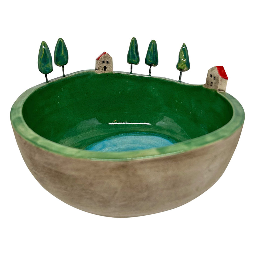 Minik selvi agaclari ve koy evleri ile suslenmis seramik kase_Ceramic bowl decorated with tiny houses and cypress trees