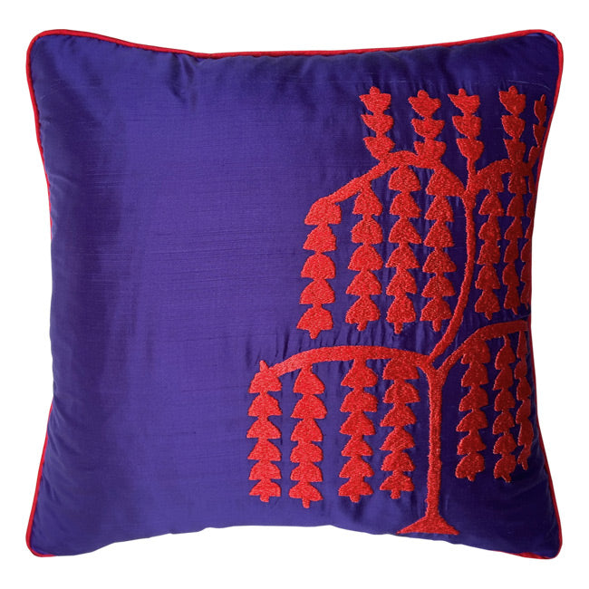 Mor ipek dupyon ustune kirmizi hayat agaci nakisli tasarim kirlent_Dupion silk purple cushion with red tree of life embroidery