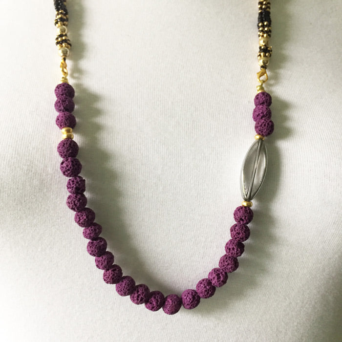 Mor lavtasi ve seffaf aksesuarli puskullu kolye_Handmade necklace purple lavastone and transparent accessory