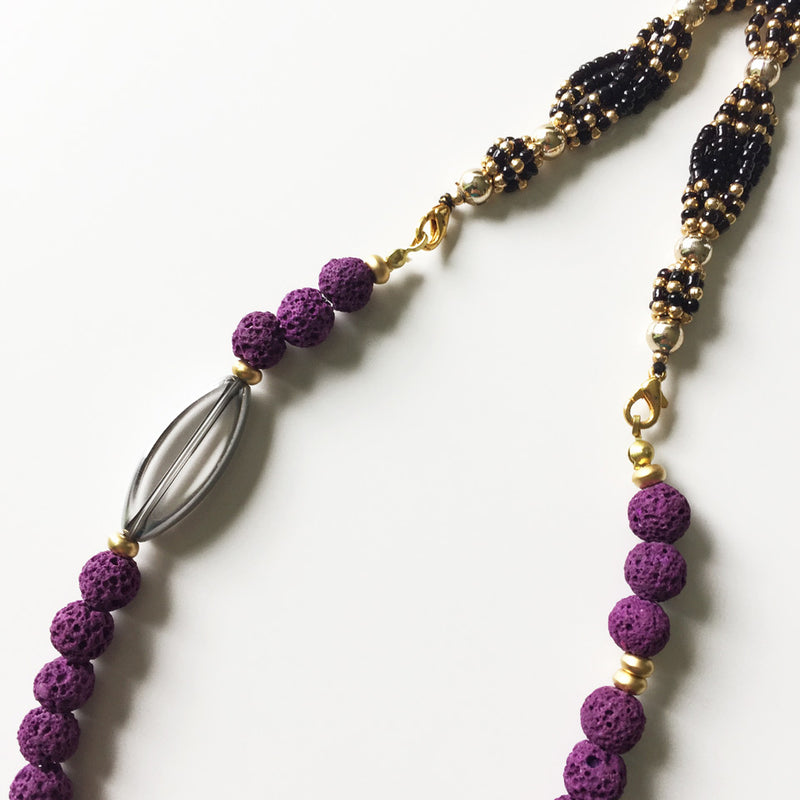 Mor lavtasi ve seffaf aksesuarli puskullu kolye_Handmade necklace purple lavastone and transparent accessory