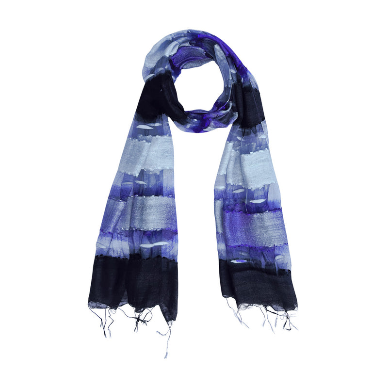 Mor siyah beyaz cizgili yari seffaf ipek fular_Purple black and white semi transparent silk scarf