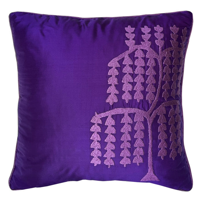 Mor tonlarinda salkim sogut agaci motifli ipek hediyelik yastik_Silk giftware cushion with weeping willow motif in shades of purple