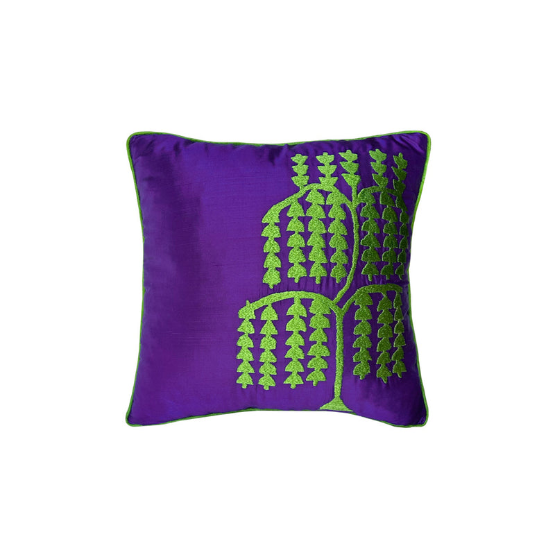 Mor ustune fistik yesili hayat agaci motifli ipek kare kirlent_Purple silk cushion with lime green tree of life motif