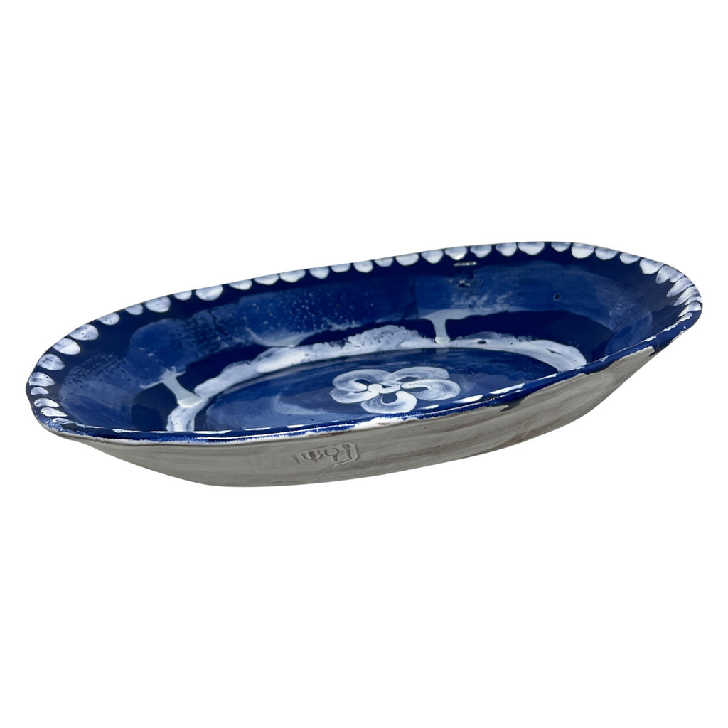 Ortasi cicek desenli lacivert oval kase_Large dark blue hollow plate with white pattern