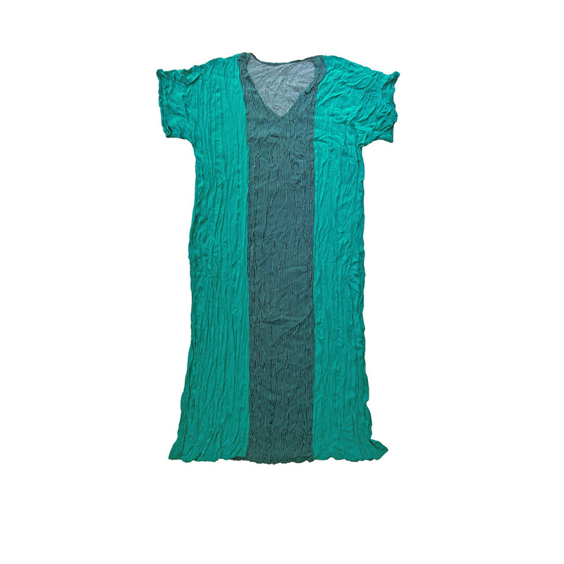 Ortasi dikey ince cizgili turkuaz yesil uzun elbise_Peacock green long dress with vertical thin stripes in the middle